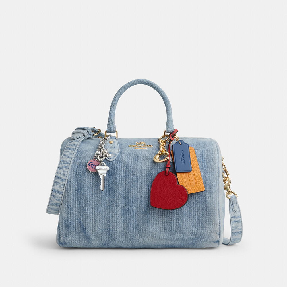 BNWT Coach Outlet Rowan Large Satchel Bag In Loved Denim With Charms